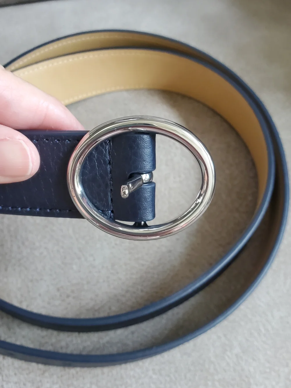 Talbots Navy Leather Belt with Silver Buckle